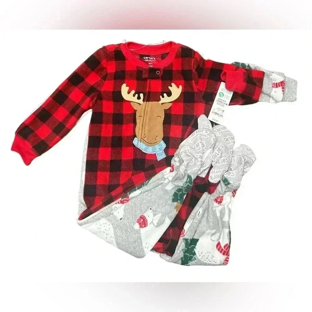 Carter’s Just One You Infant 2pk Buffalo Checkered Reindeer Polar Bears 18M NWT